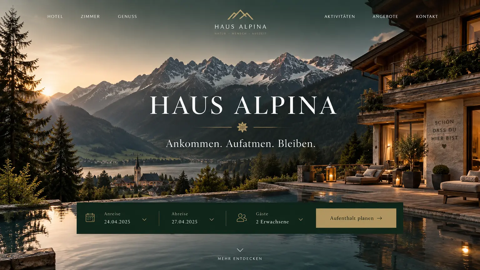 Atmosphärisches Webdesign-Konzept für ein alpines Boutiquehotel