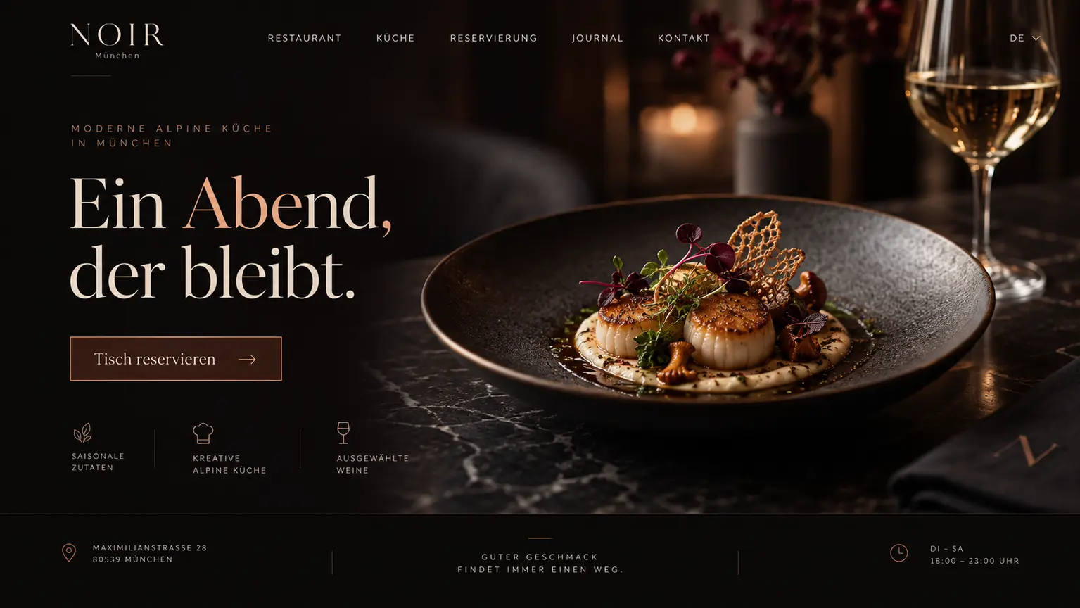 Dunkles Premium-Webdesign-Konzept für ein Fine-Dining-Restaurant