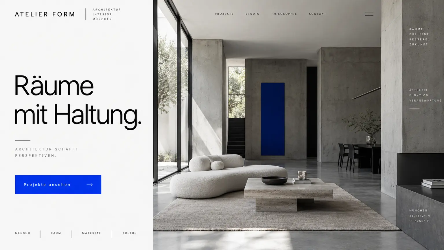 Minimalistisches Webdesign-Konzept für ein Architekturatelier