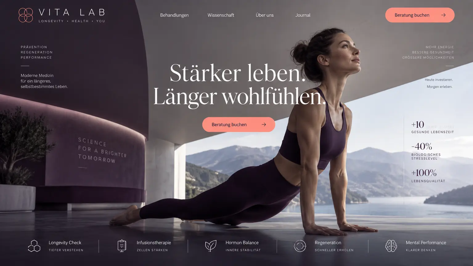 Modernes Webdesign-Konzept für ein Wellness- und Longevity-Studio