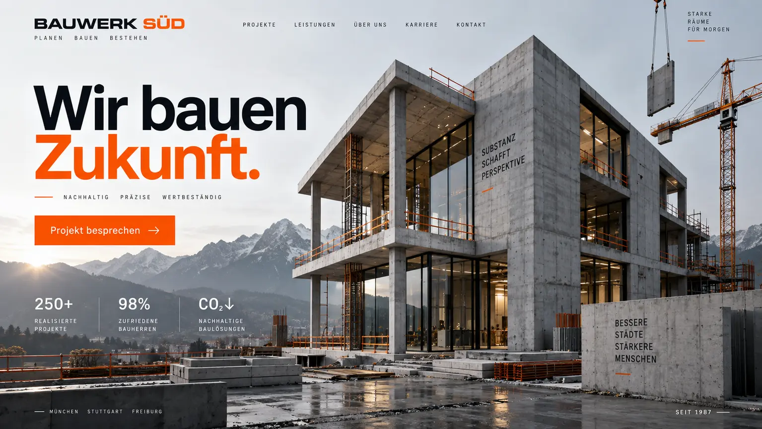Kraftvolles Webdesign-Konzept für Bau und Projektentwicklung