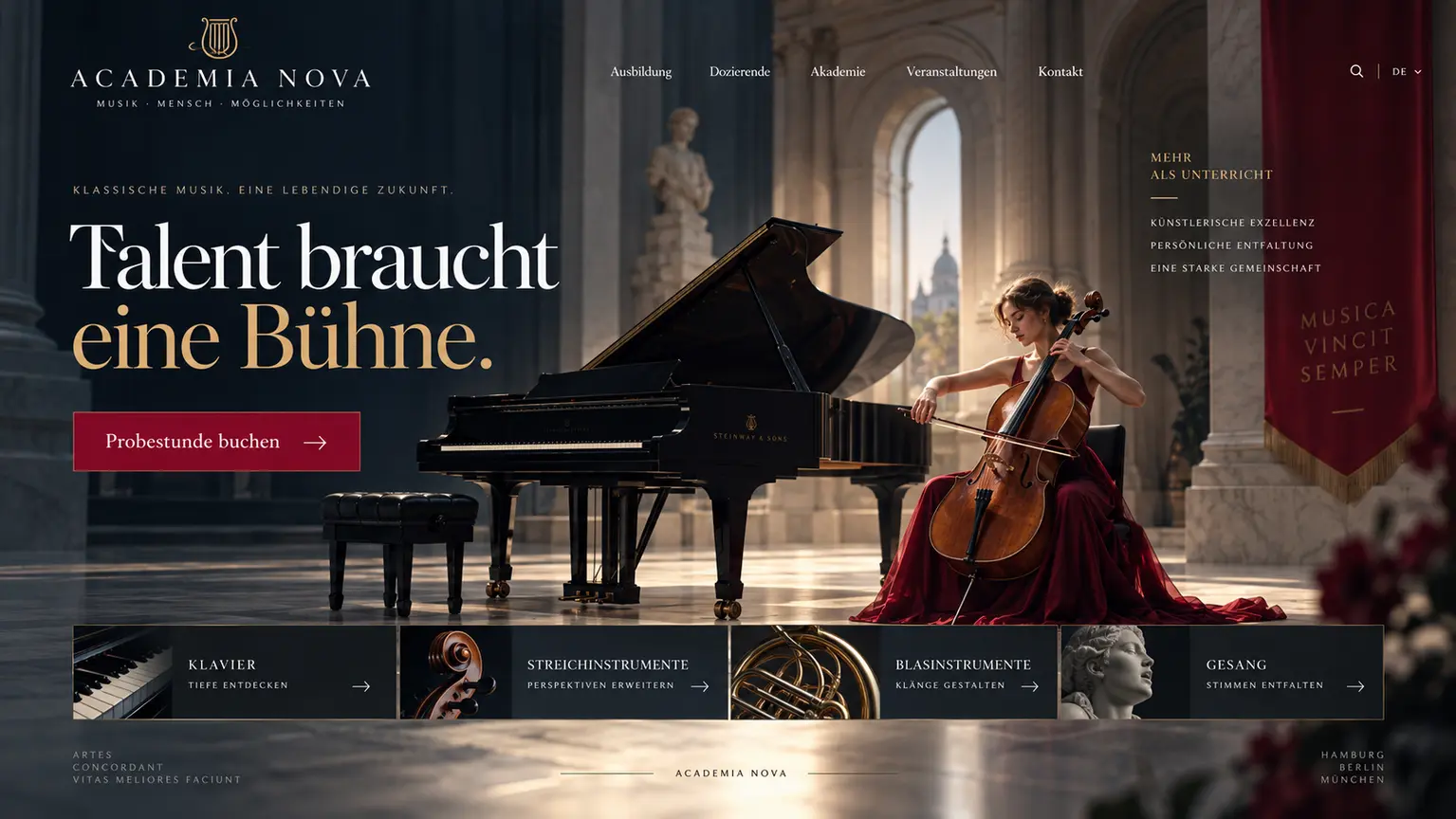 Klassisches Webdesign-Konzept für eine Musikakademie
