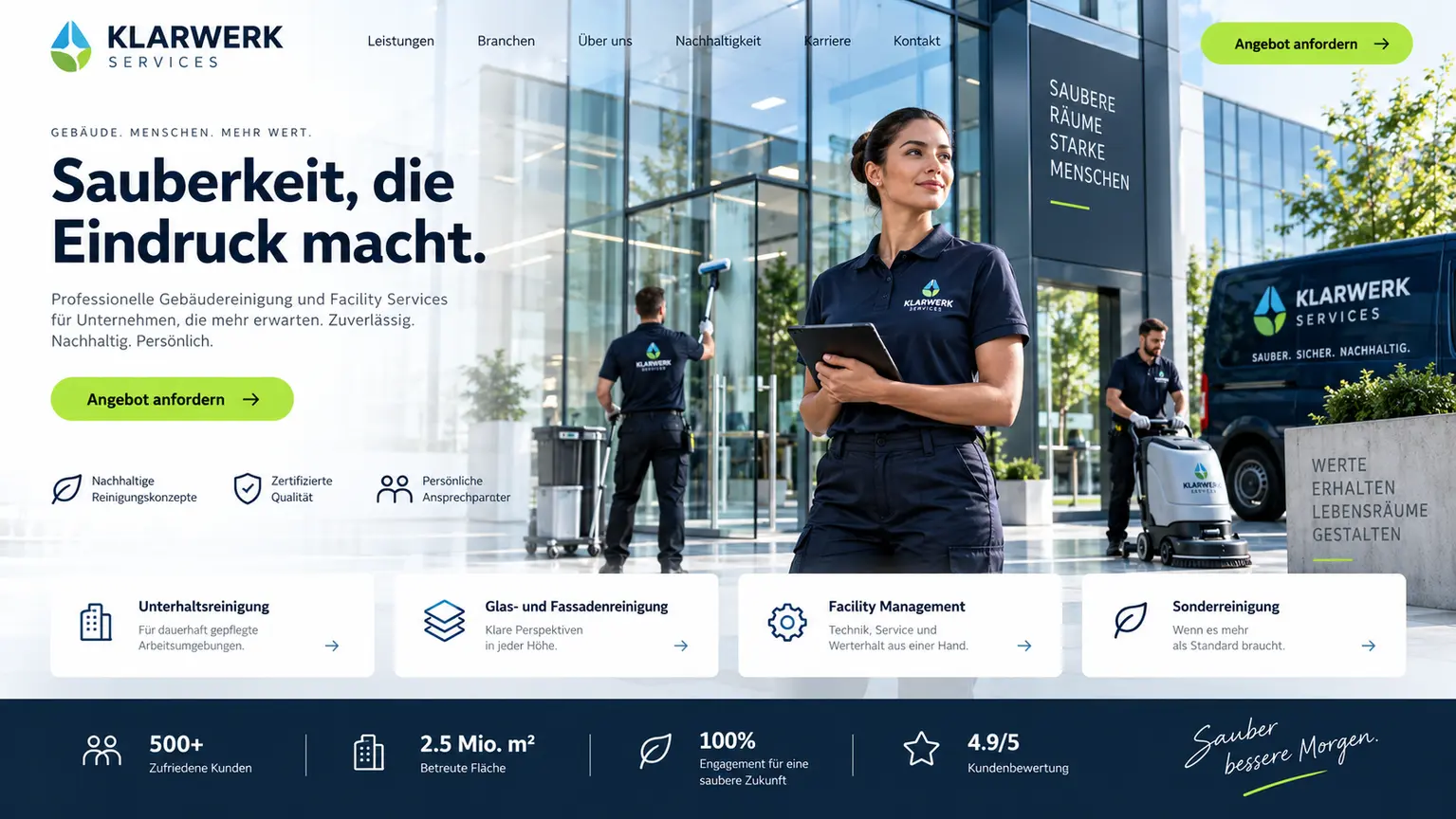 Klares Webdesign-Konzept für Gebäudereinigung und Facility Services